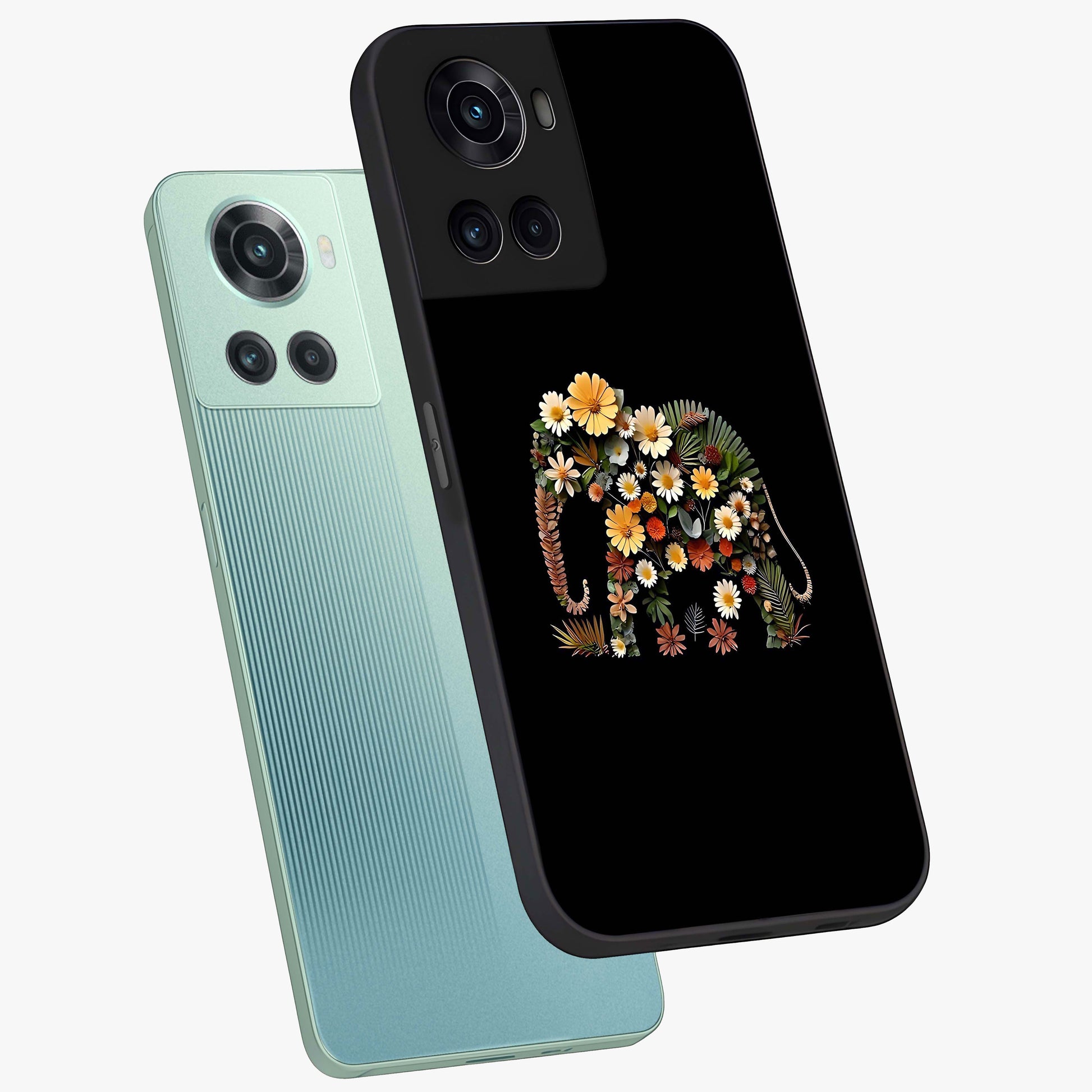 Floral Elephant Glass Case for 1+10R angled mockup showcasing glossy finish and vibrant cultural tones