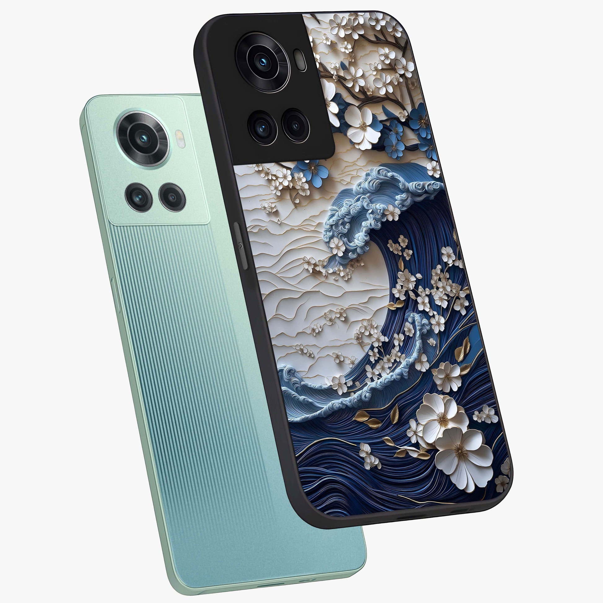 Floral Wave Origami Glass Case for 1+10R angled mockup showcasing glossy glass finish and geometric bloom detailing