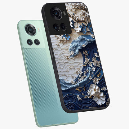Floral Wave Origami Glass Case for 1+10R angled mockup showcasing glossy glass finish and geometric bloom detailing