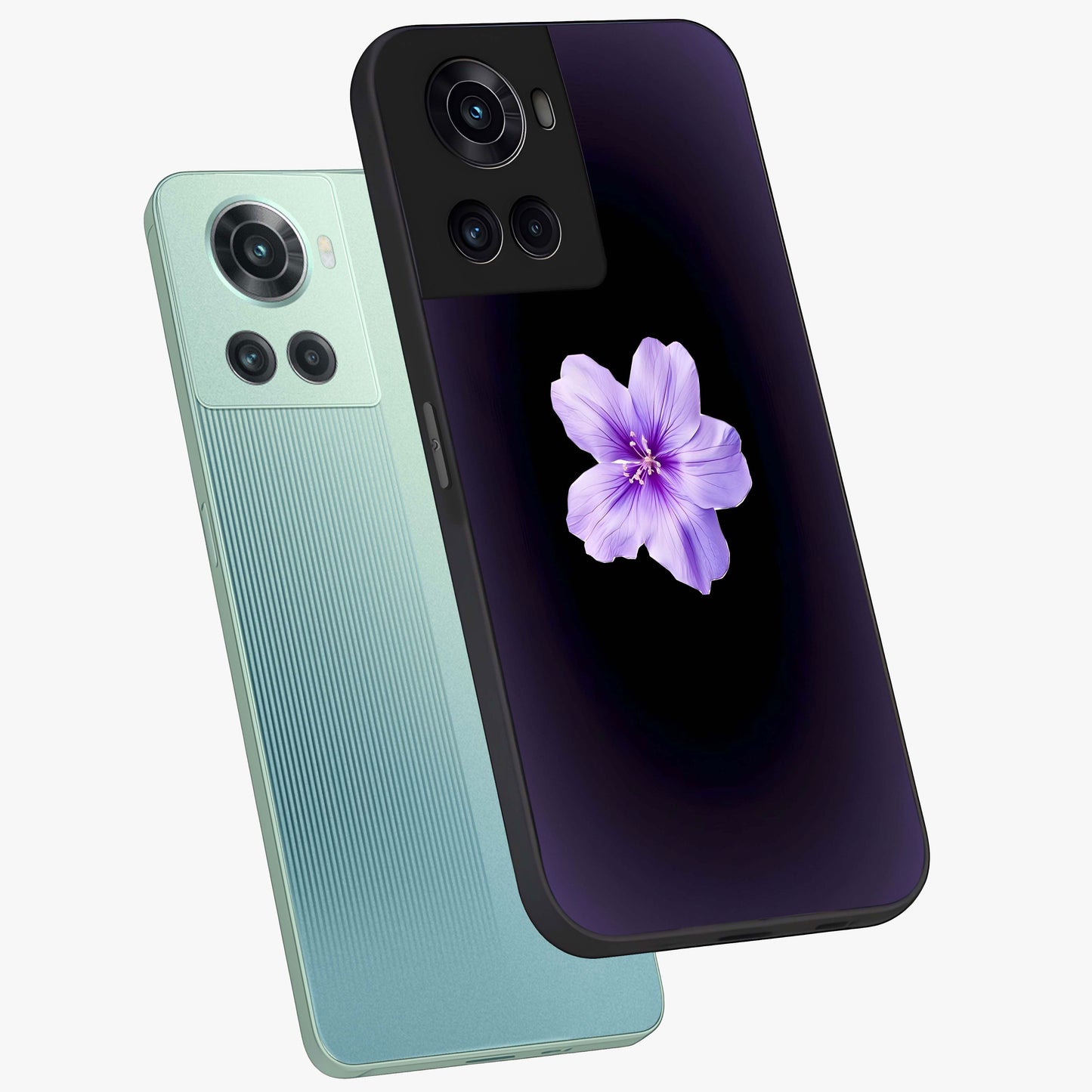 Flower on Soft Violet Gradient Glass Case for 1+10R angled mockup showcasing glossy finish and pastel purple tones