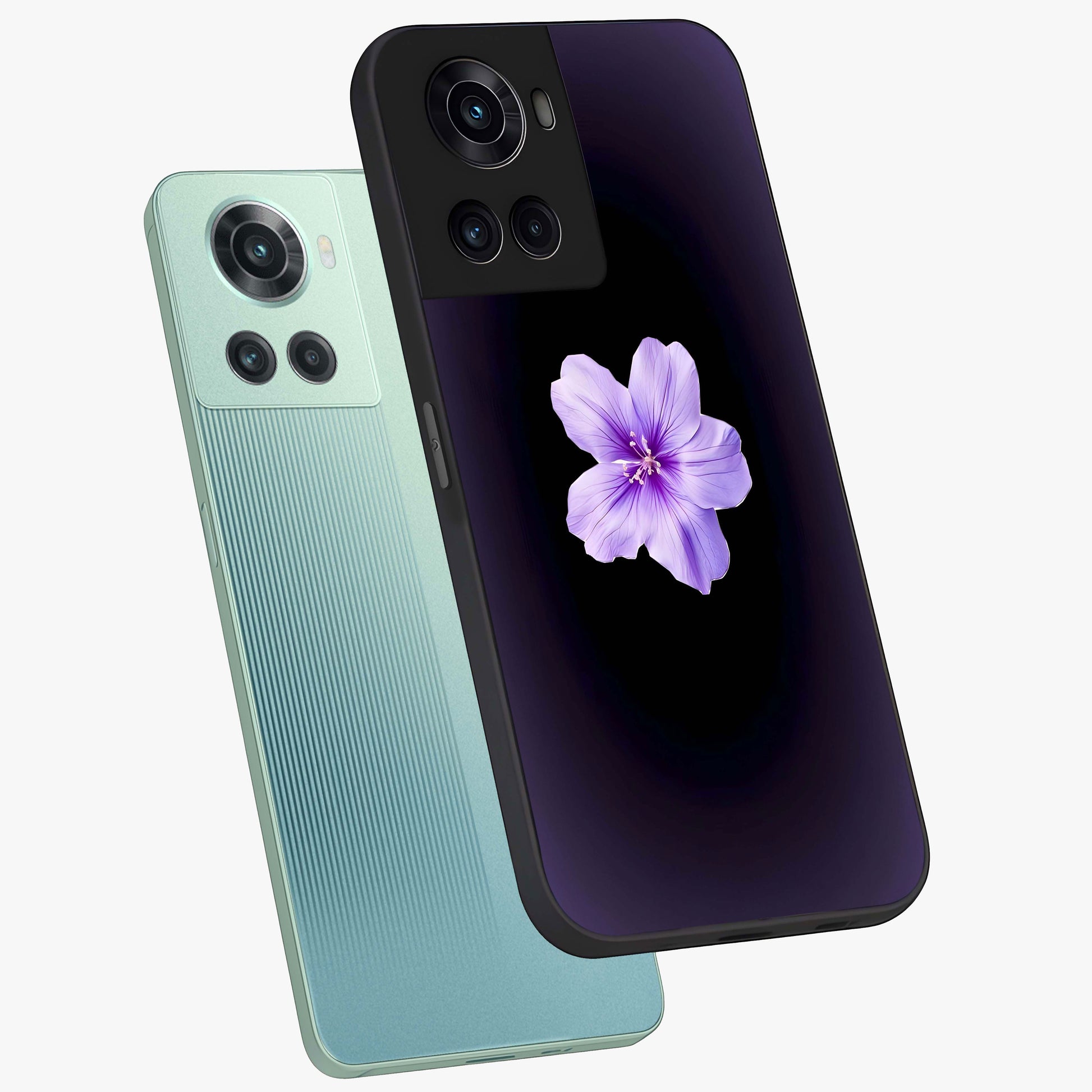 Flower on Soft Violet Gradient Glass Case for 1+10R angled mockup showcasing glossy finish and pastel purple tones