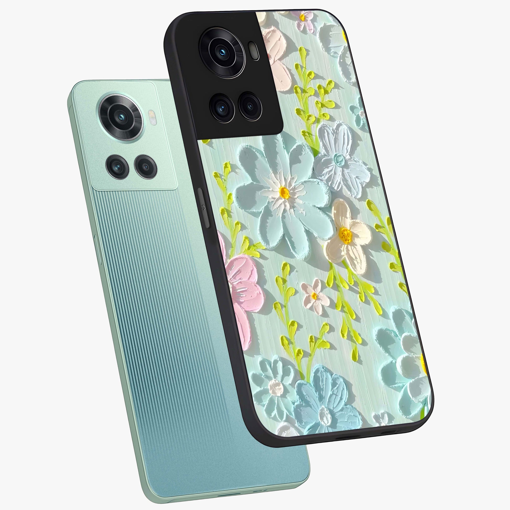 Frosted Petal Garden Glass Case for 1+10R angled mockup showcasing glossy finish and pastel bloom detailing