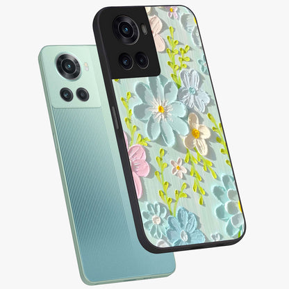 Frosted Petal Garden Glass Case for 1+10R angled mockup showcasing glossy finish and pastel bloom detailing