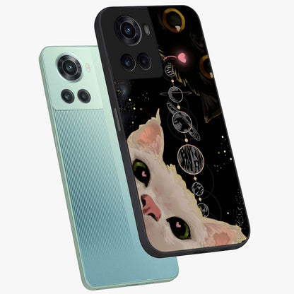 Galactic Cat Glass Case for 1+10R angled mockup showcasing glossy finish and luminous space detailing