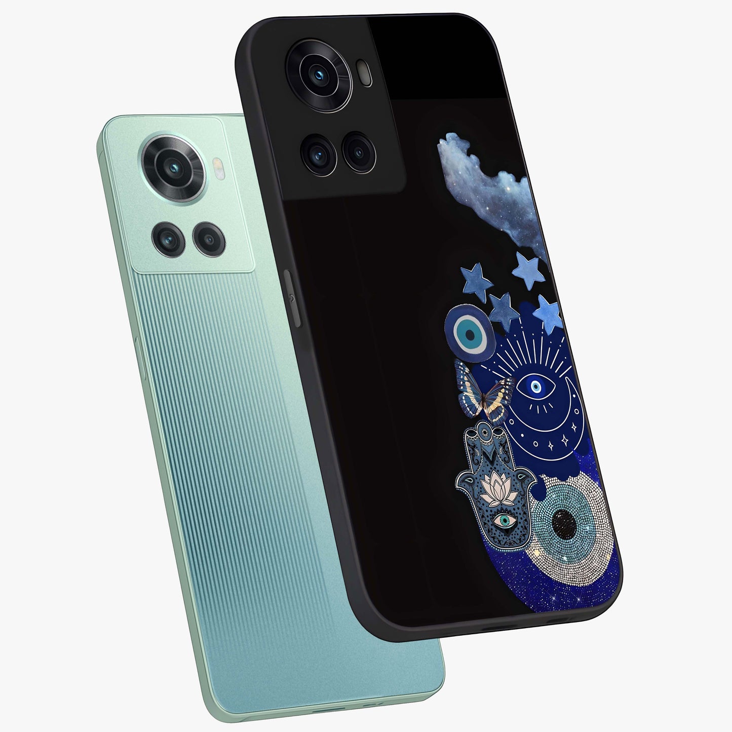 Galactic Charm Cluster Glass Case for 1+10R angled mockup showcasing glossy finish and vibrant star detailing