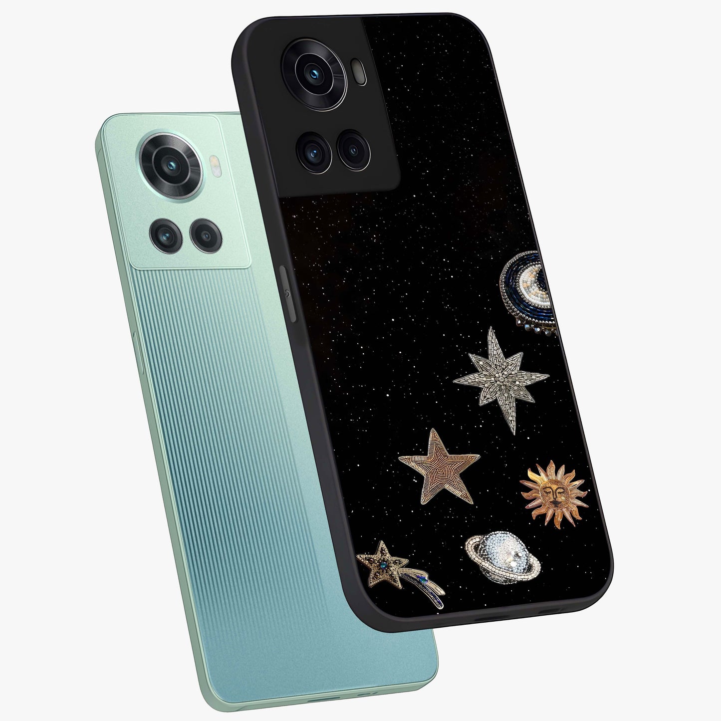 Galactic Charm Glow Glass Case for 1+10R angled mockup showcasing glossy glass finish and luminous galaxy tones