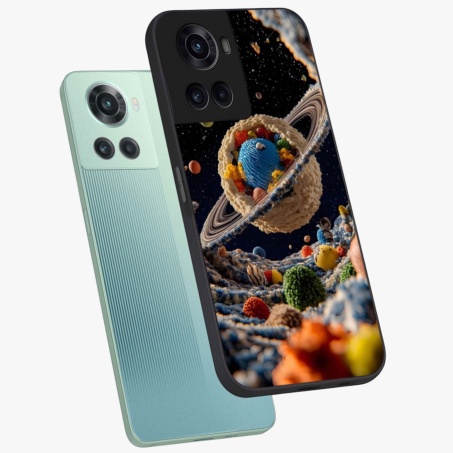 Galactic Dessert Dream Printed Glass Case for 1+10R angled mockup showcasing glossy finish and colorful galaxy tones
