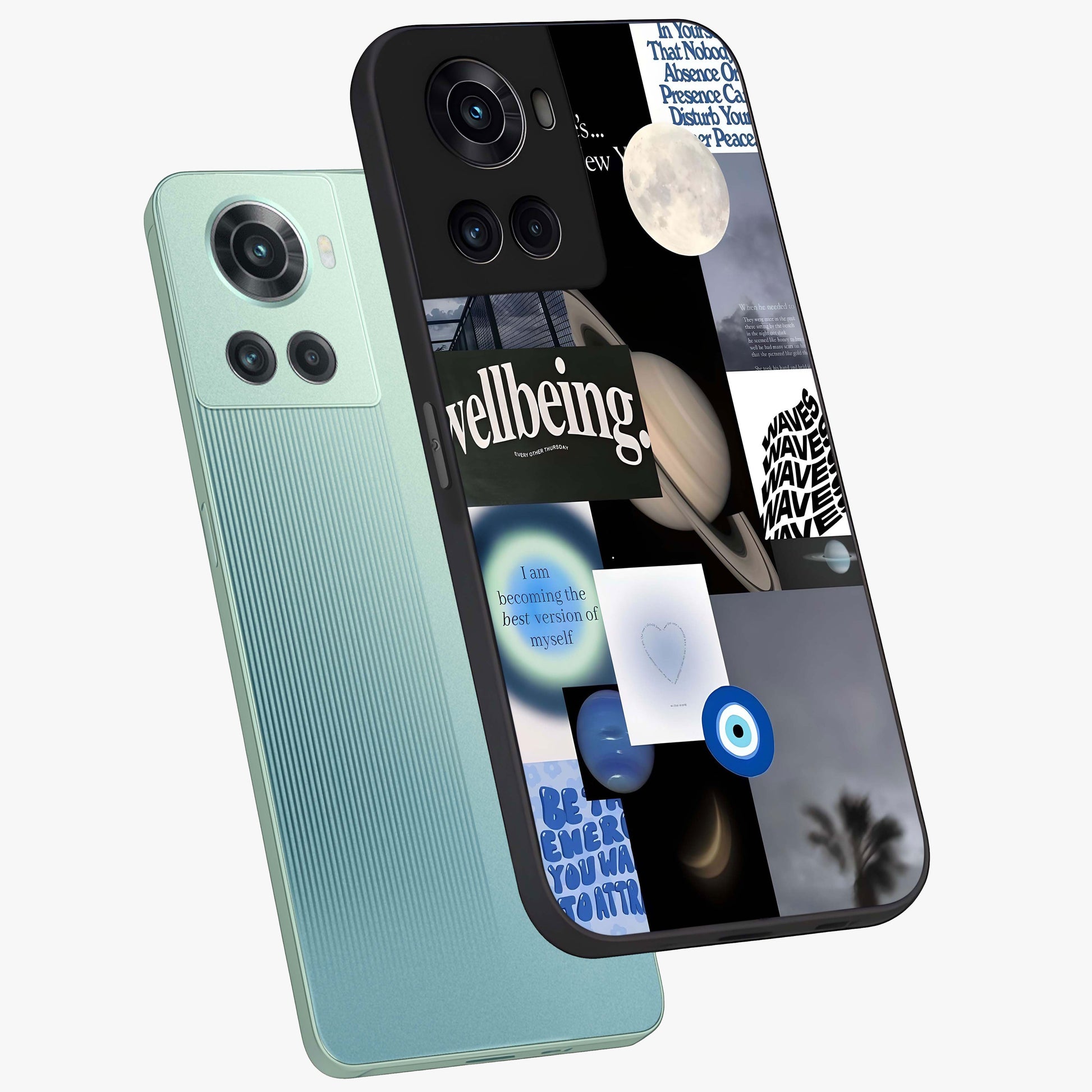 Galactic Energy Collage Glass Case for 1+10R angled mockup showcasing glossy finish and vibrant space textures