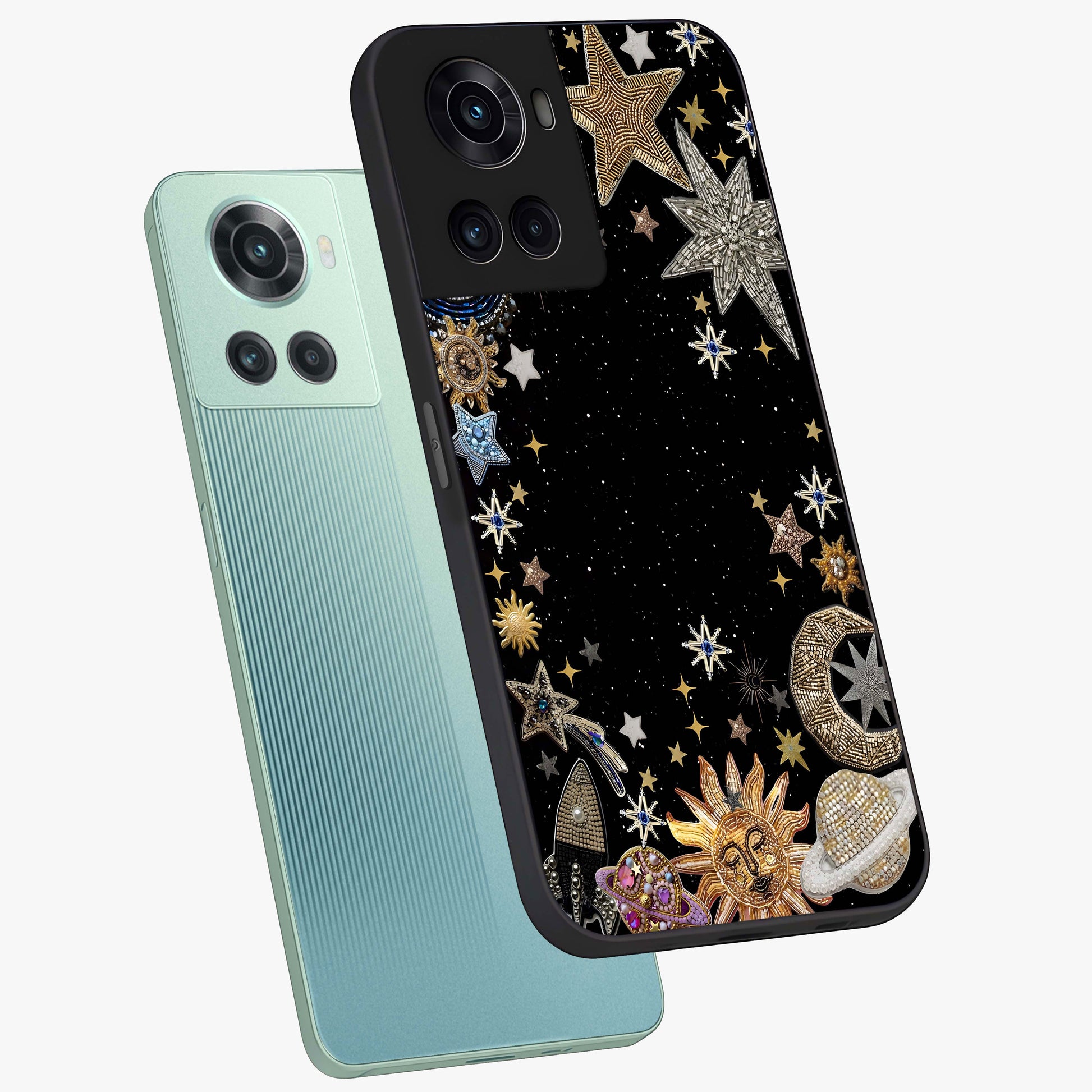 Galactic Jewel Stars Glass Case for 1+10R angled mockup showcasing glossy finish and radiant cosmic tones