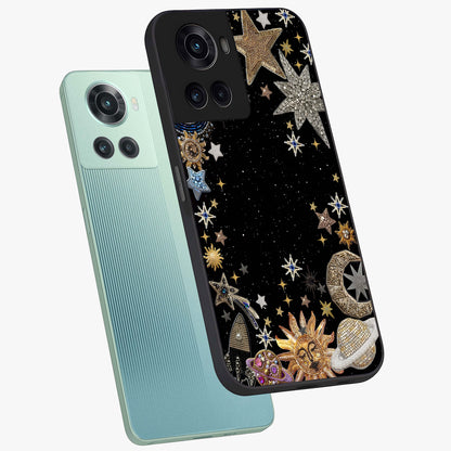 Galactic Jewel Stars Glass Case for 1+10R angled mockup showcasing glossy finish and radiant cosmic tones
