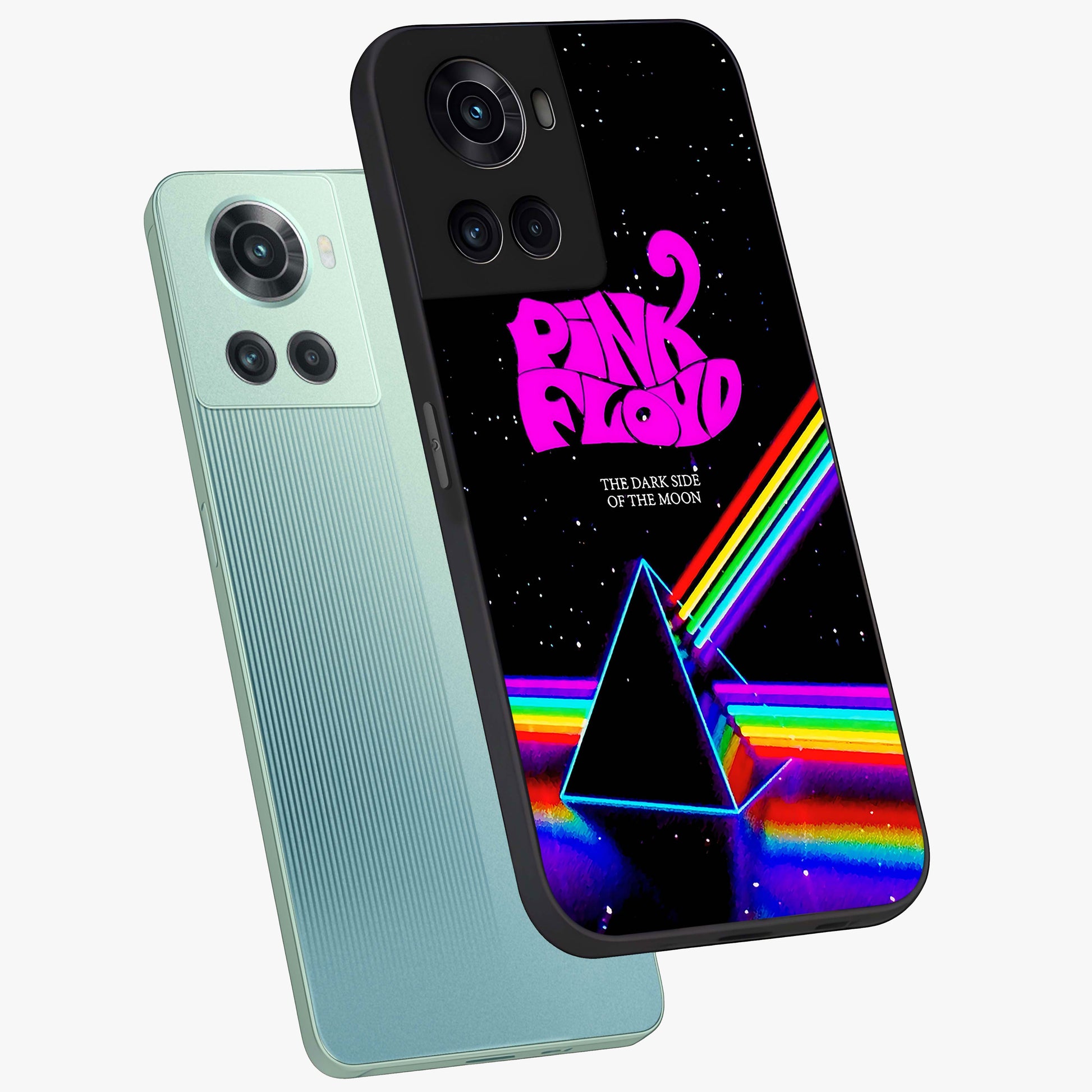 Galactic Light Frequency Glass Case for 1+10R angled mockup showcasing glossy finish and vibrant neon detailing