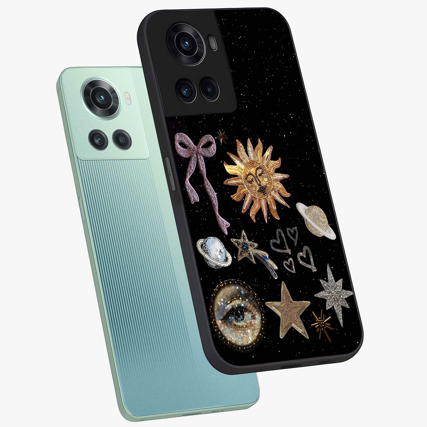 Galactic Sun Charm Glass Case for 1+10R angled mockup showcasing glossy finish and warm galaxy tones