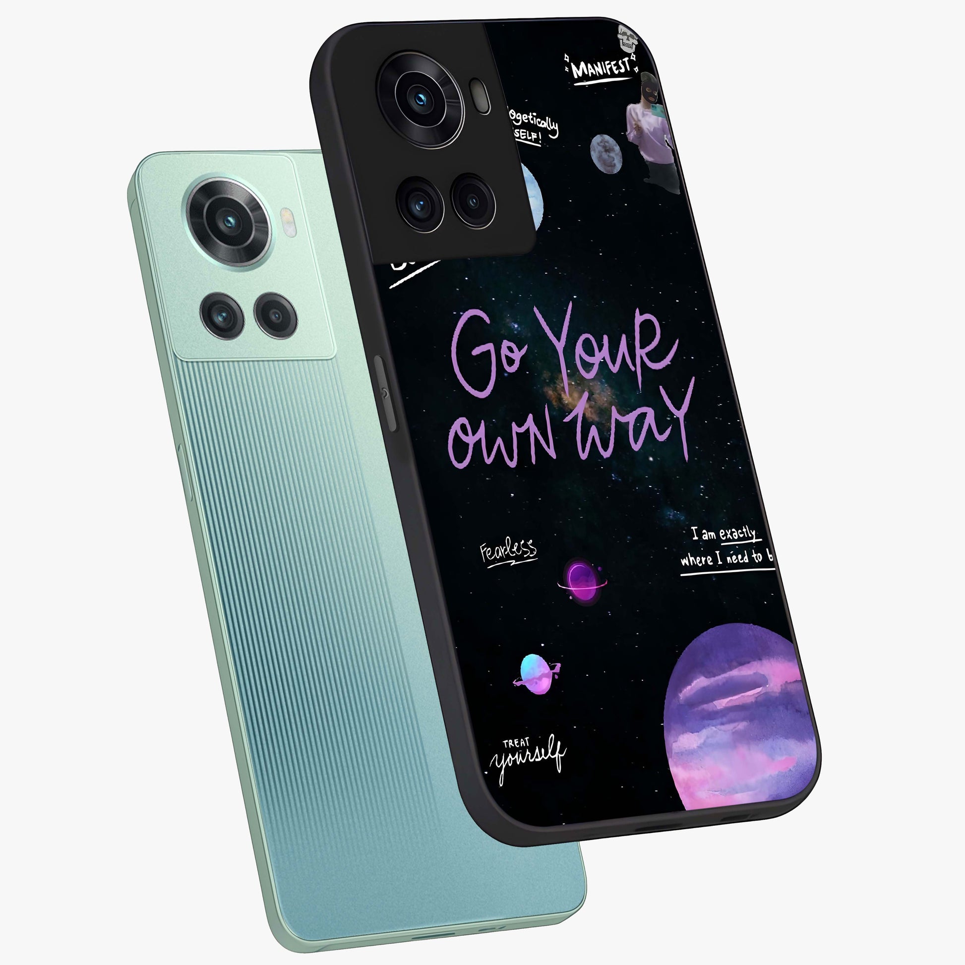 Galactic Vibes Universe Glass Case for 1+10R angled mockup showcasing glossy finish and deep space gradients