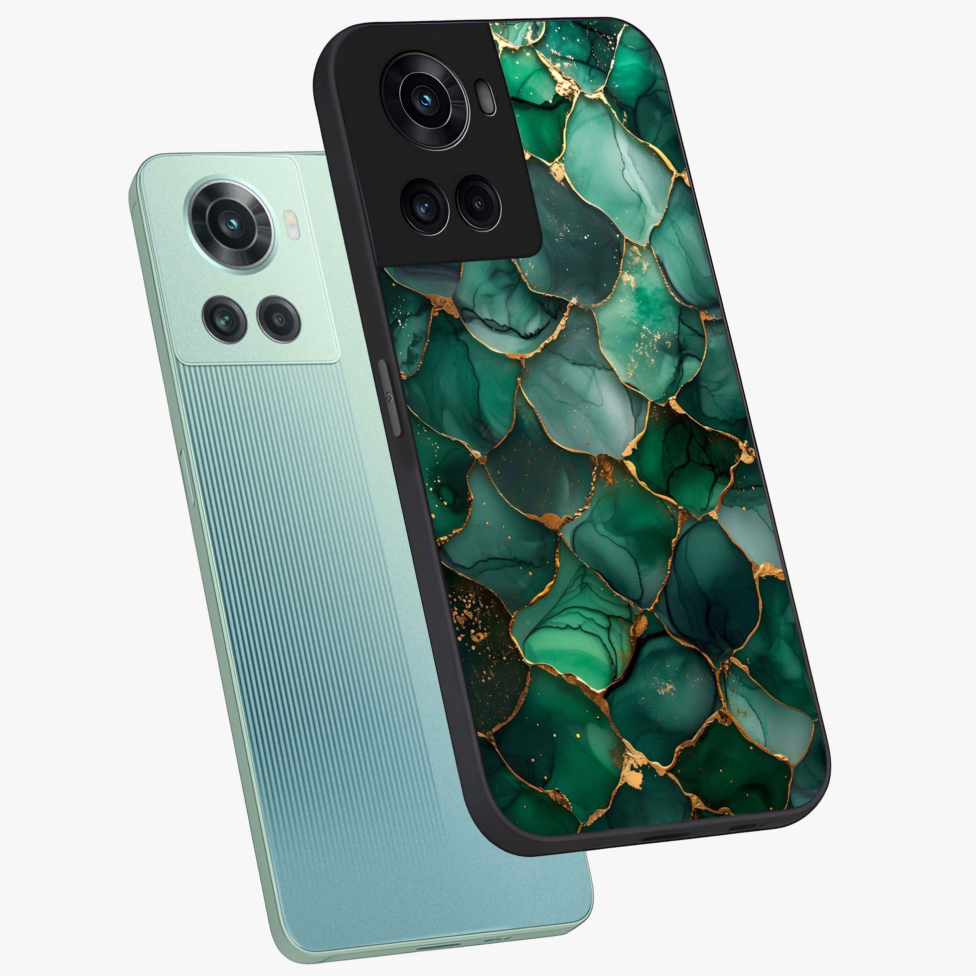 Geometric Polyester Pattern Glass Case for 1+10R angled mockup showcasing glossy finish and clean structured detailing