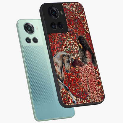 Girl With Horse Glass Case for 1+10R angled mockup showcasing glossy finish and serene countryside tones