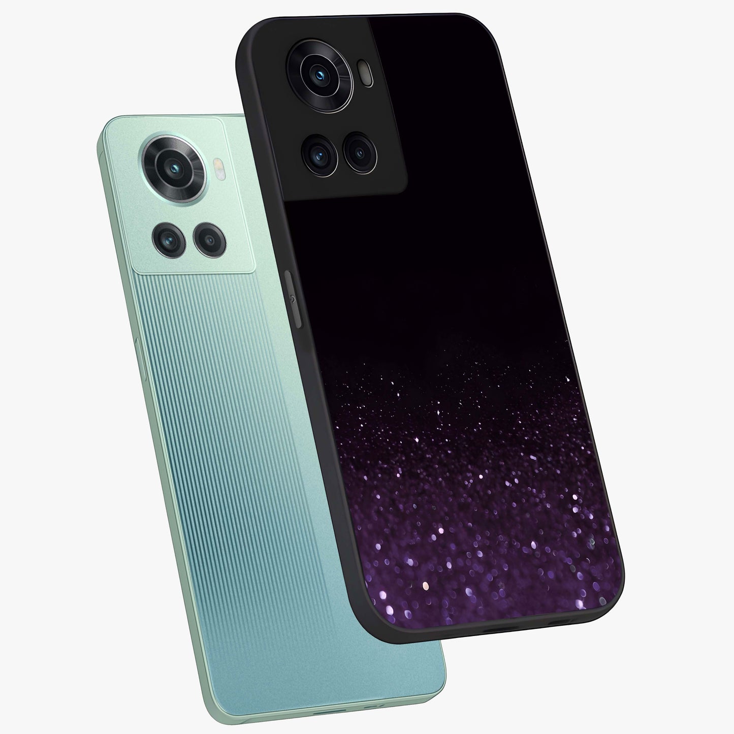 Glittery Purple Bokeh Glass Case for 1+10R angled mockup showcasing glossy finish and luminous shimmer tones