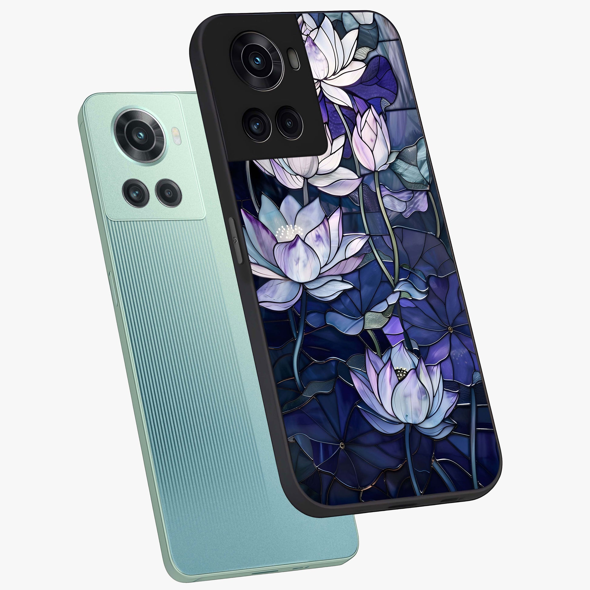 Gloss Petal Rush Glass Case for 1+10R angled mockup showcasing shiny glass finish and vibrant bloom detailing