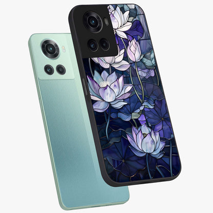 Gloss Petal Rush Glass Case for 1+10R angled mockup showcasing shiny glass finish and vibrant bloom detailing