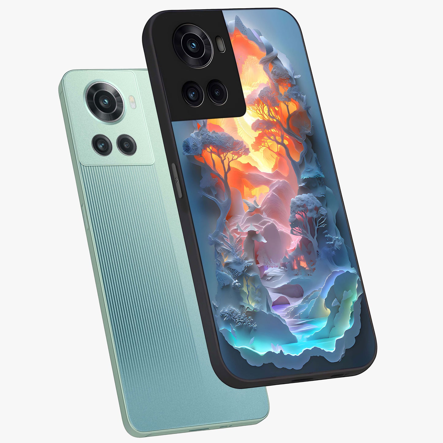 Glow Forest Portal Glass Case for 1+10R angled mockup showcasing glossy finish and luminous green tones