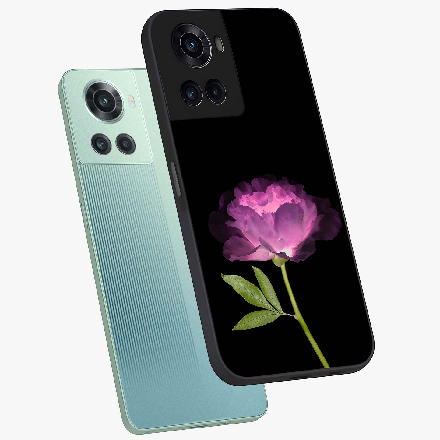 Glow Petal Bloom Glass Case for 1+10R angled mockup showcasing glossy finish and vibrant petal detailing