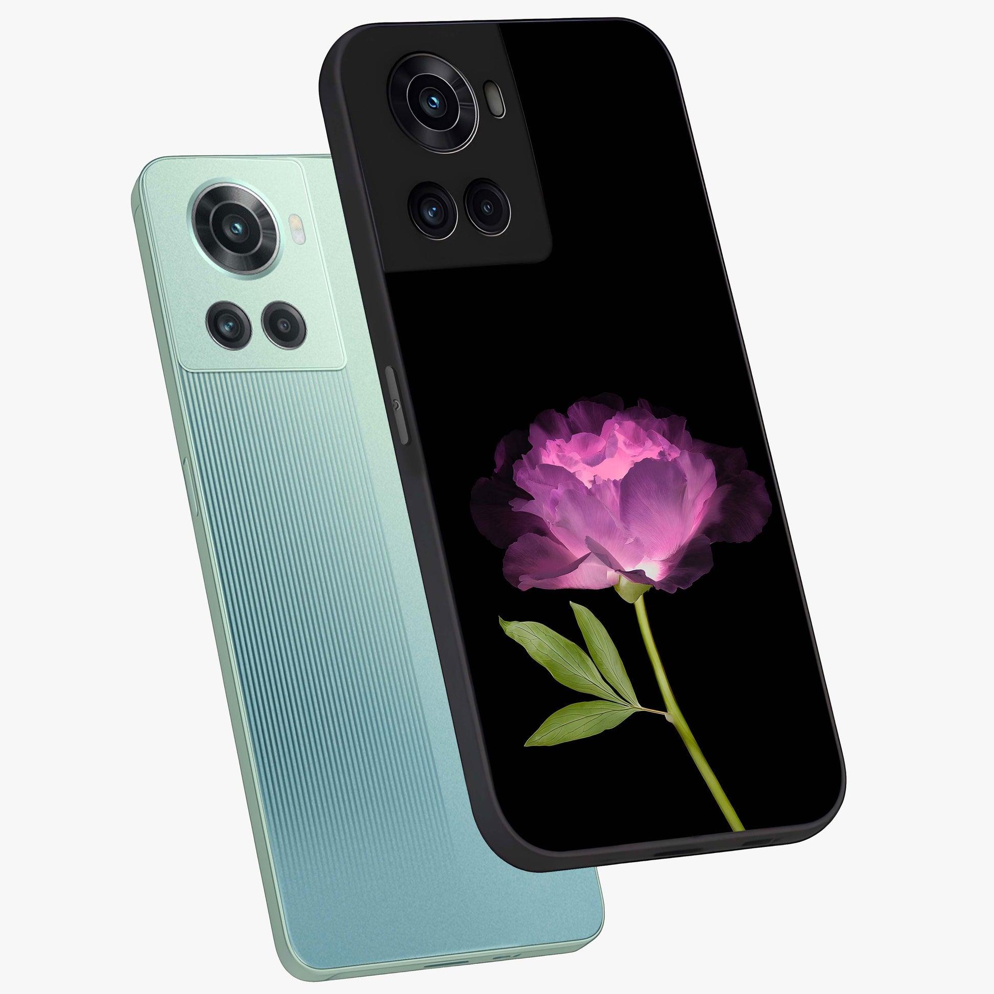 Glow Petal Bloom Glass Case for 1+10R angled mockup showcasing glossy finish and vibrant petal detailing