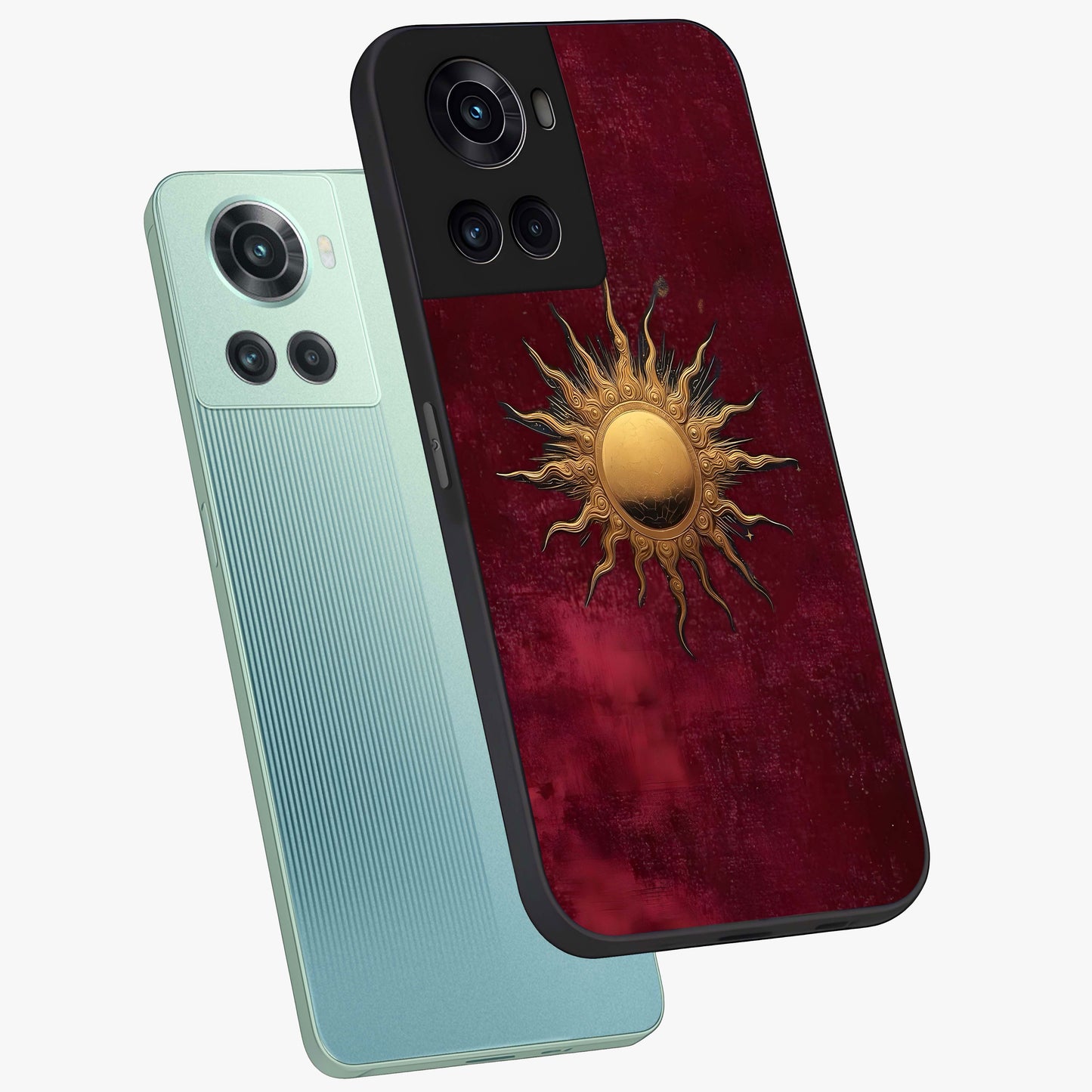 Golden Bloom Fields Glass Case for 1+10R angled mockup showcasing glossy finish and warm golden gradients