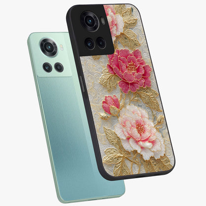 Golden Celestial Charm Glass Case for 1+10R angled mockup showcasing glossy finish and shimmering cosmic tones