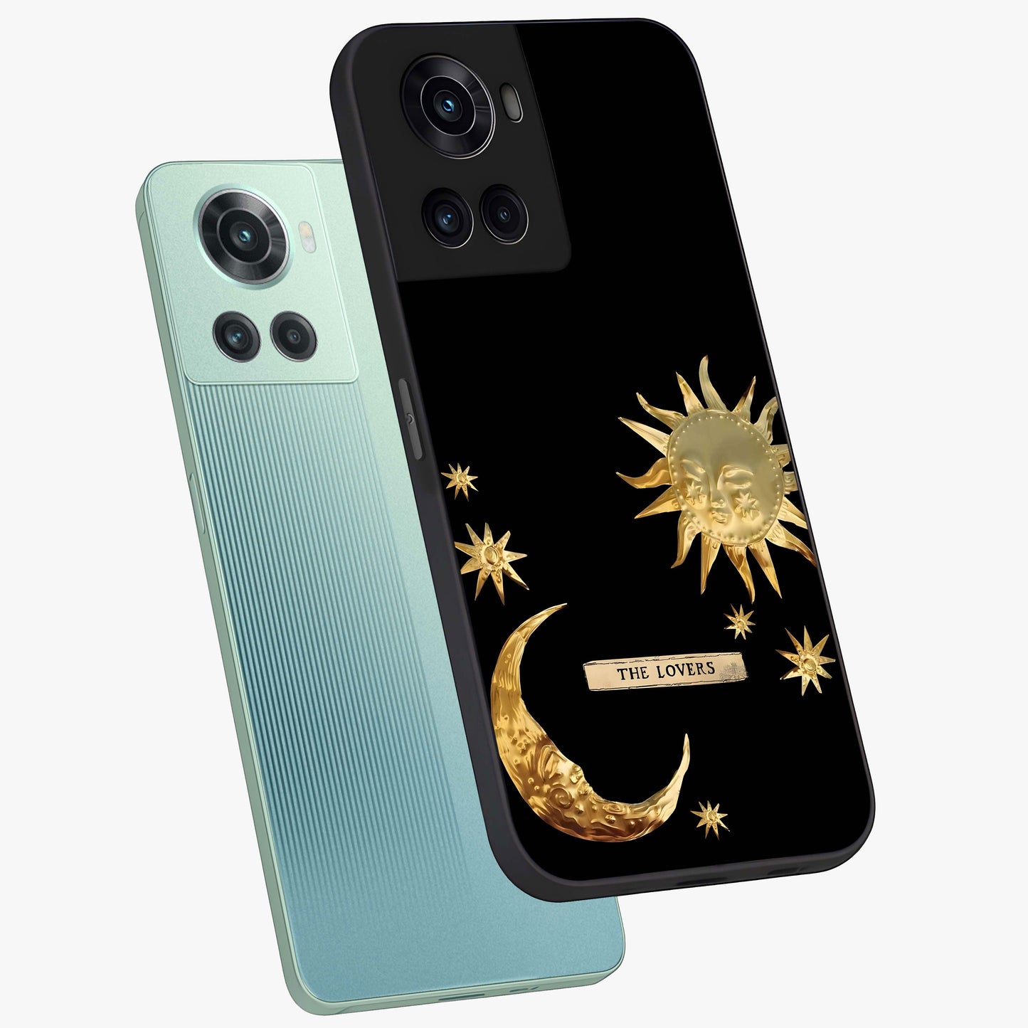Golden Crescent Mood Glass Case for 1+10R angled mockup showcasing glossy finish and subtle night gradients