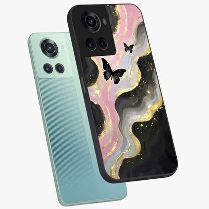 Golden Moon Horizon Glass Case for 1+10R angled mockup showcasing glossy finish and warm gradient tones