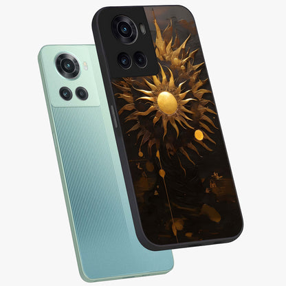 Golden Sun Minimalism Glass Case for 1+10R angled mockup showcasing glossy finish and subtle warm tones