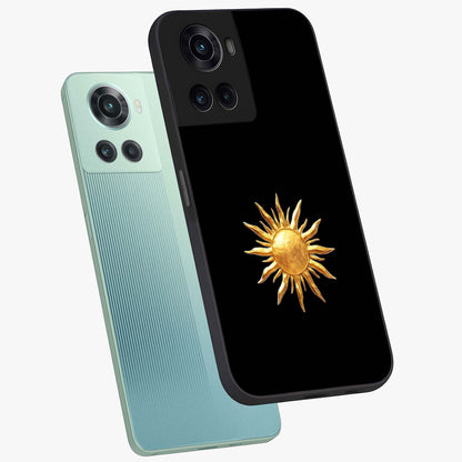 Golden Wave Rise Glass Case for 1+10R angled mockup showcasing glossy finish and fluid motion detailing