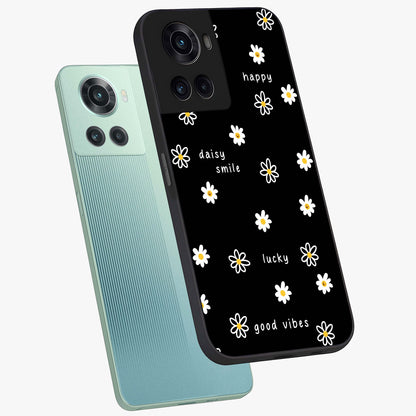Good Vibes Daisy Black Pattern Glass Case for 1+10R angled mockup showcasing glossy finish and bold floral contrast