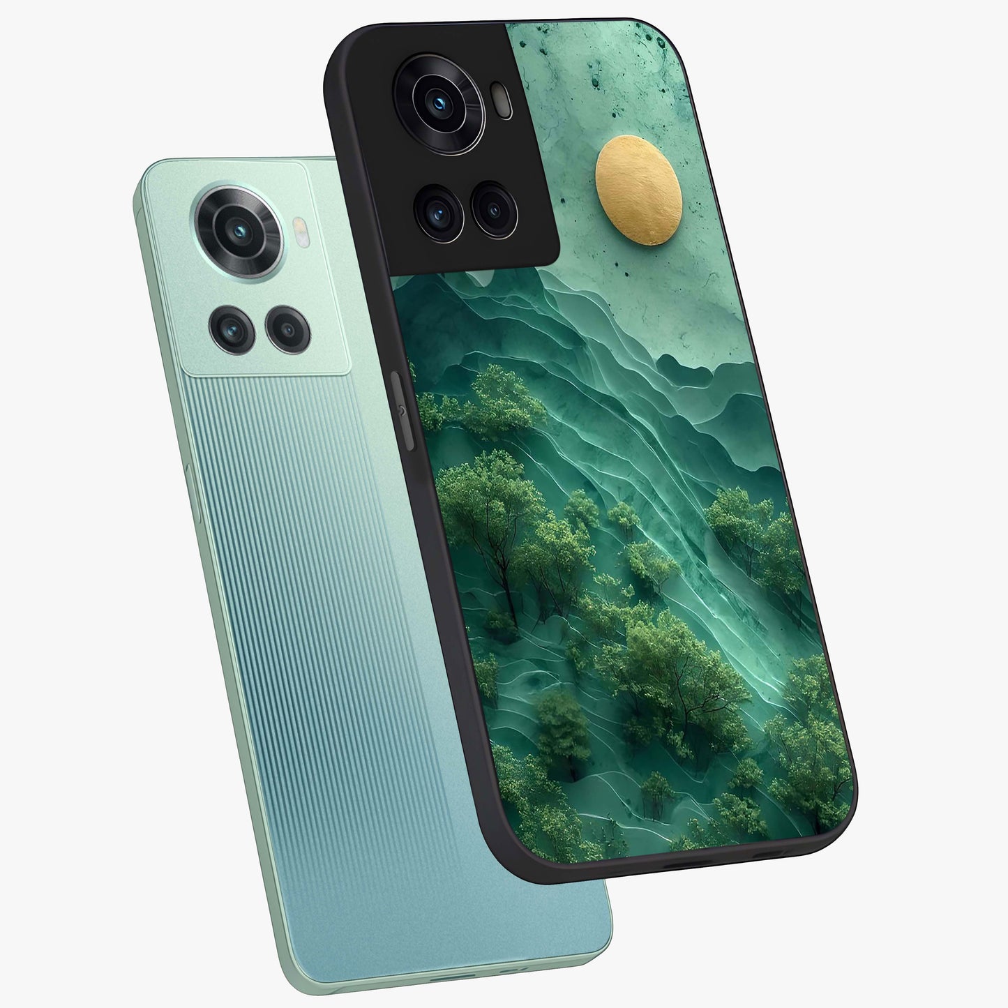 Green Hills With Sun Glass Case for 1+10R angled mockup showcasing glossy finish and natural gradient tones