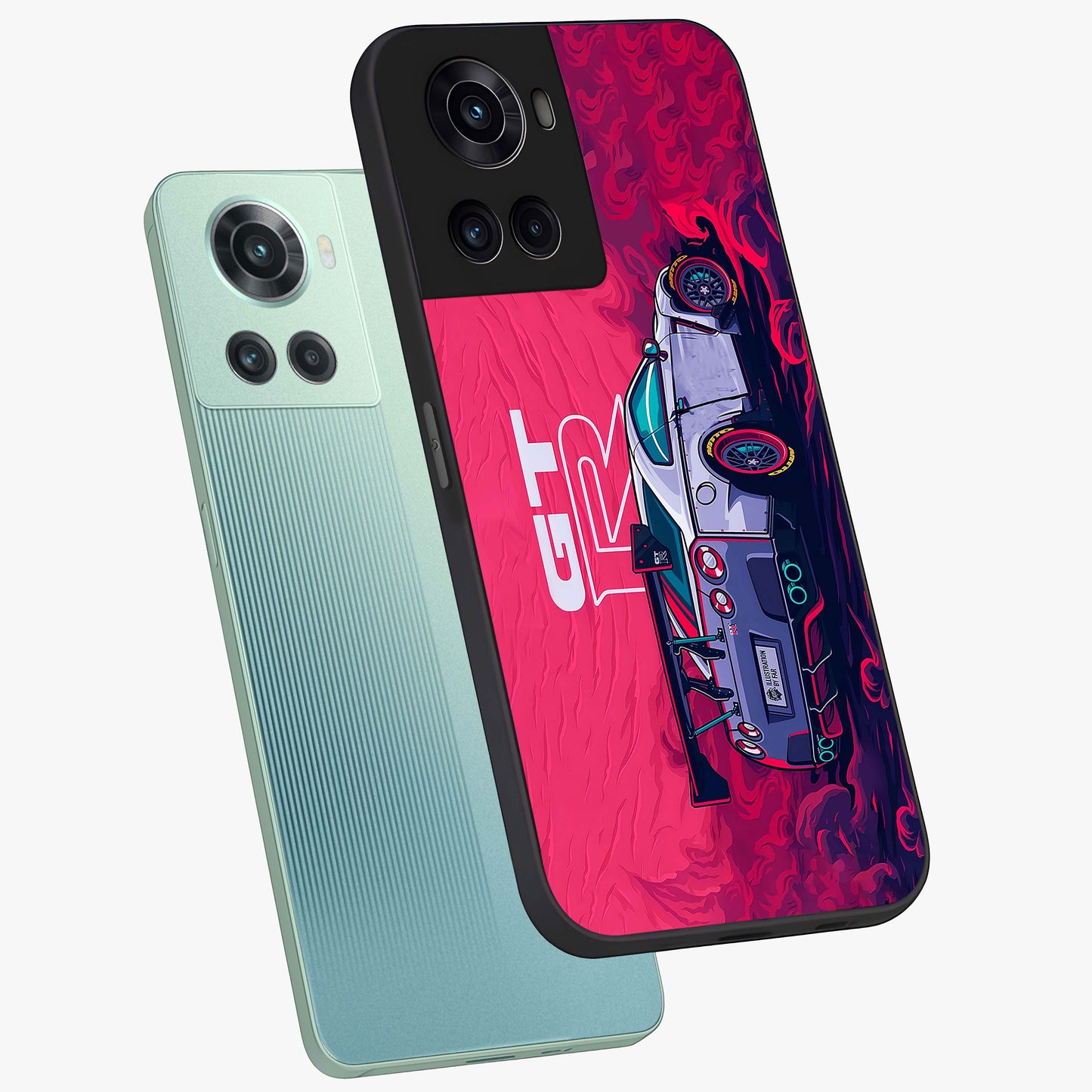 Gt R Car Pattern Glass Case for 1+10R angled mockup showcasing glossy finish and sporty detailing
