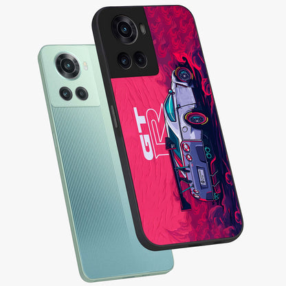Gt R Car Pattern Glass Case for 1+10R angled mockup showcasing glossy finish and sporty detailing