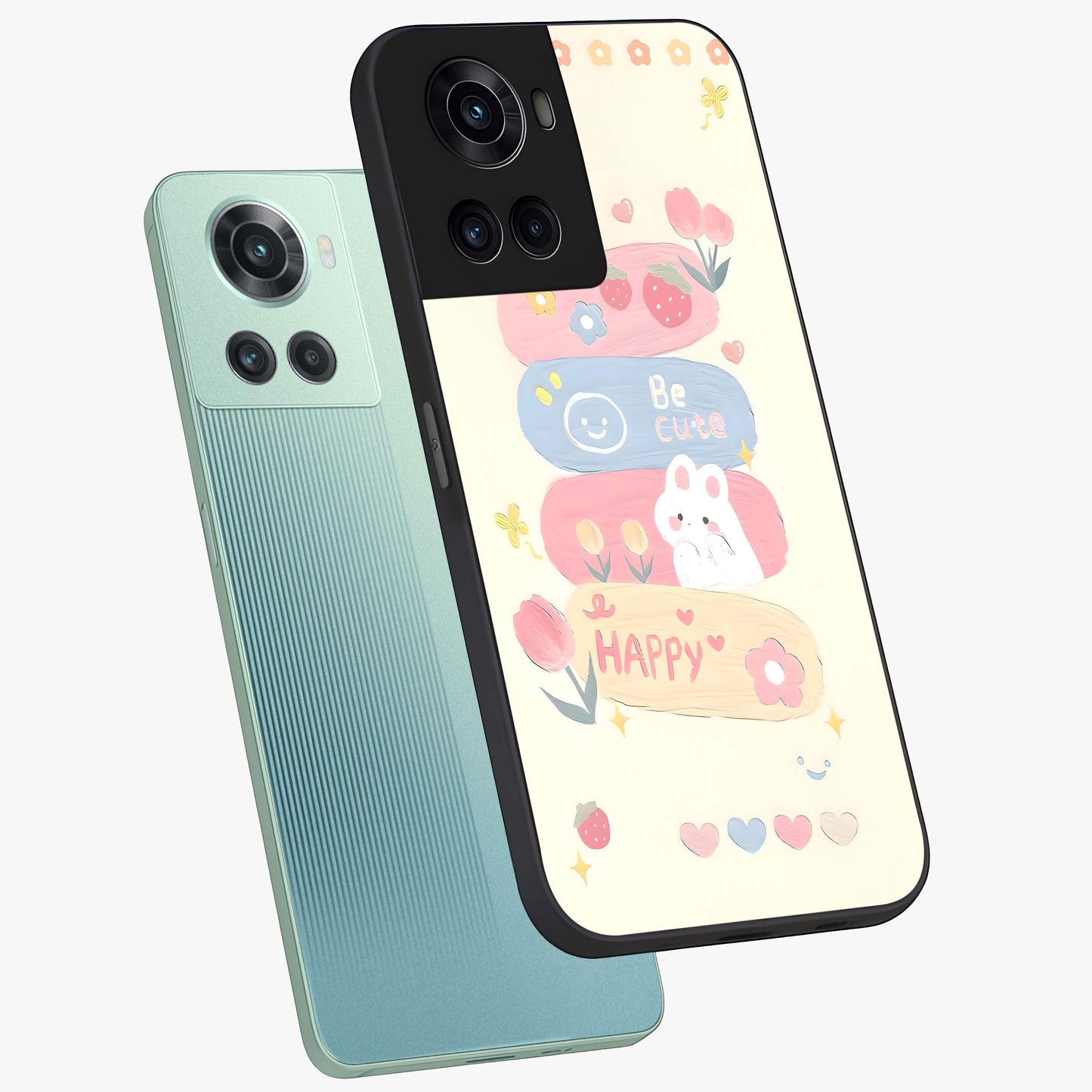 Happy Cute Bunny Glass Case for 1+10R angled mockup showcasing glossy finish and soft pastel tones