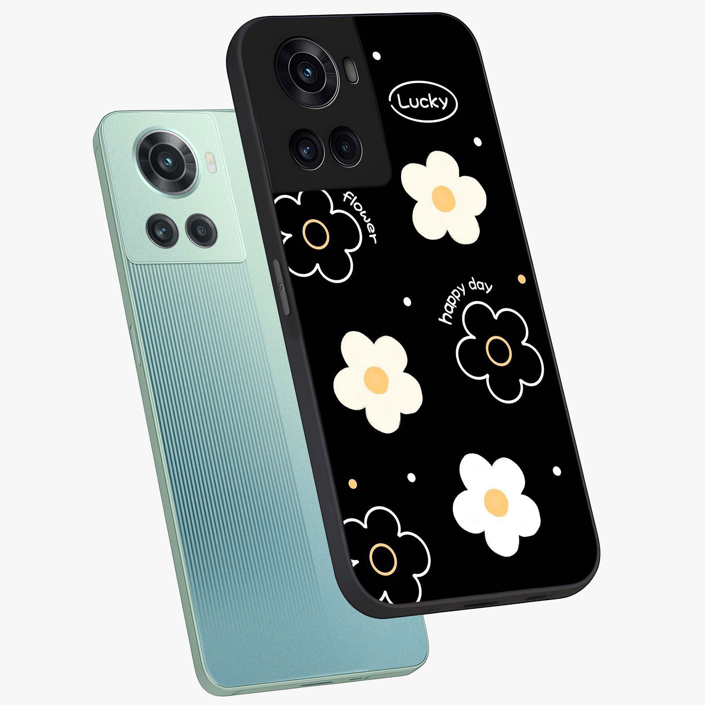 Happy Day Daisy Glass Case for 1+10R angled mockup showcasing glossy finish and vibrant bloom tones