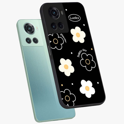 Happy Day Daisy Glass Case for 1+10R angled mockup showcasing glossy finish and vibrant bloom tones
