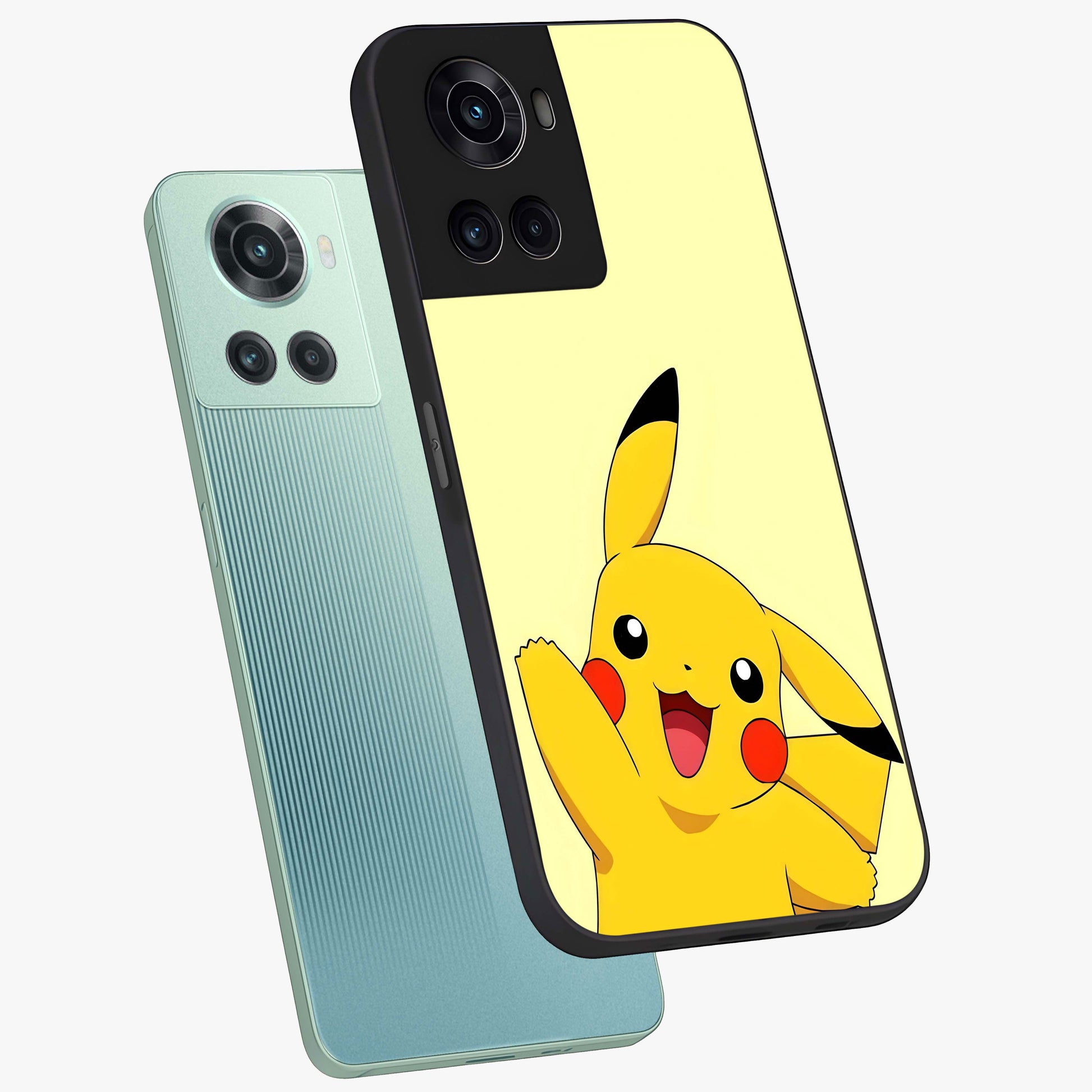 Happy Electric Pikachu Glass Case for 1+10R angled mockup showcasing glossy finish and vibrant yellow tones