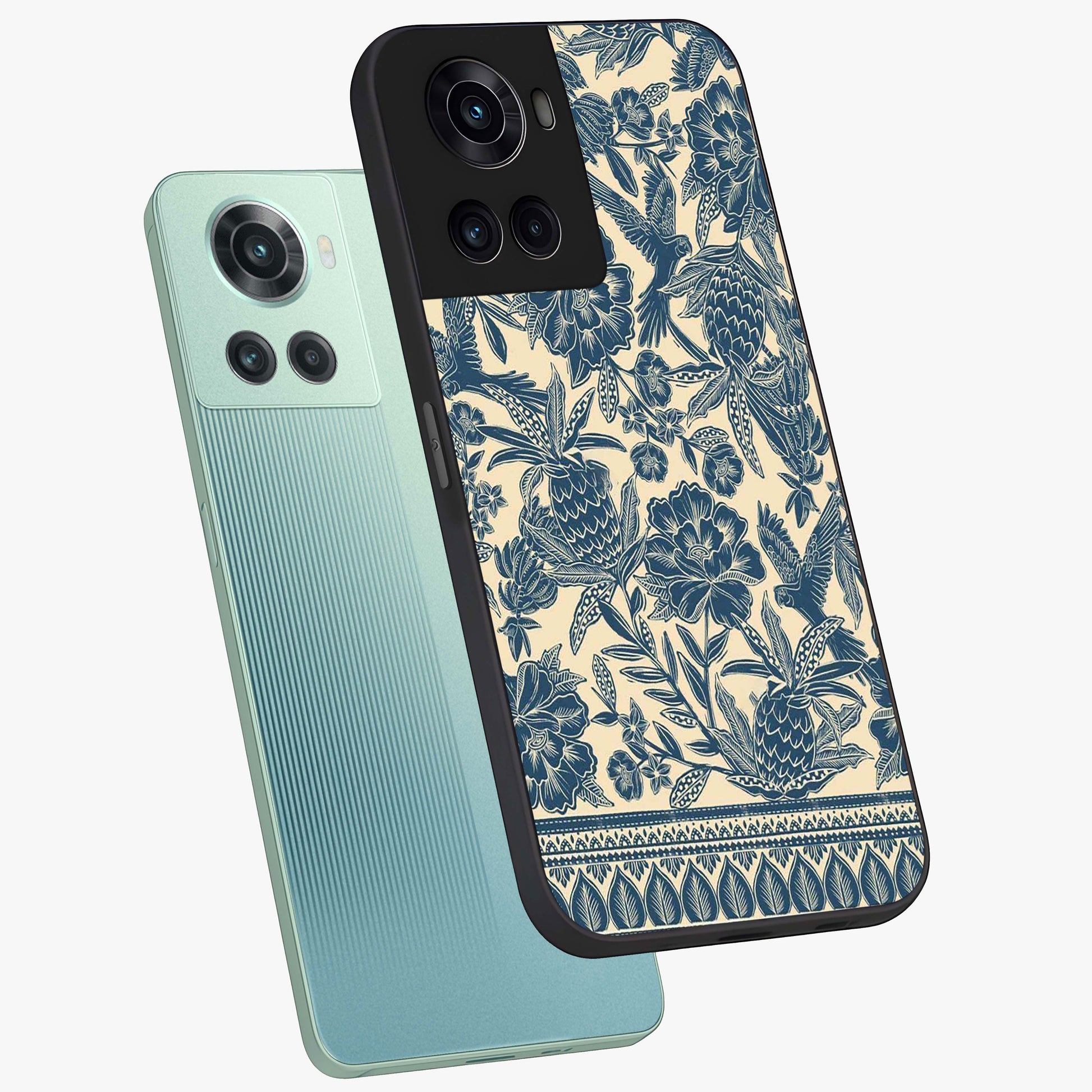 Heirloom Wild Bloom Glass Case for 1+10R angled mockup showcasing glossy finish and rich botanical textures