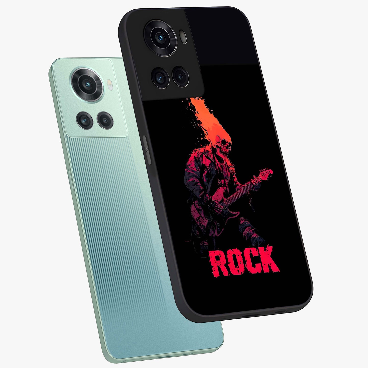 Hellfire Rock Anthem Glass Case for 1+10R captured at a warm angle highlighting bold flame tones, gloss, and edge clarity.