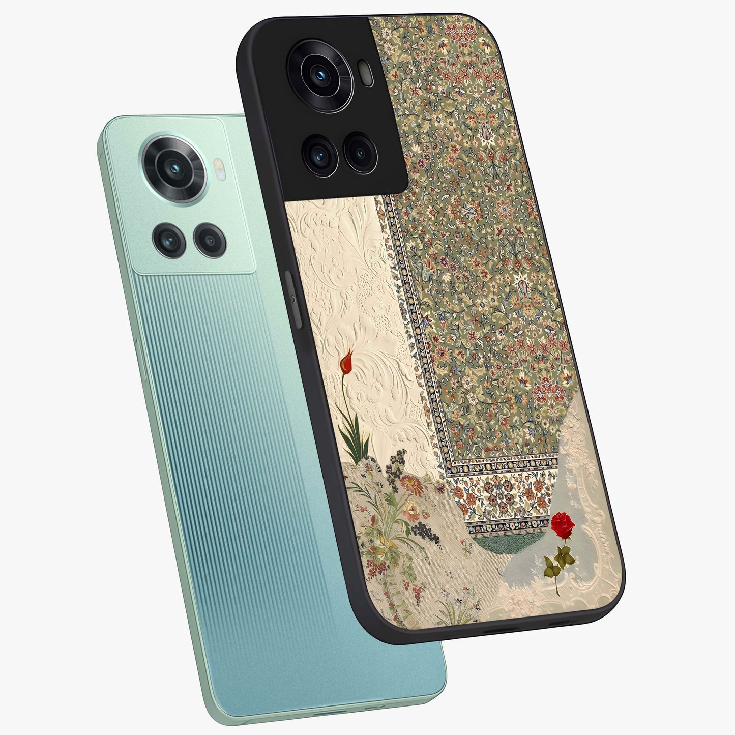 Heritage Textile Layers Glass Case for 1+10R captured at a warm angle highlighting rich fabric patterns, gloss, and edge clarity.