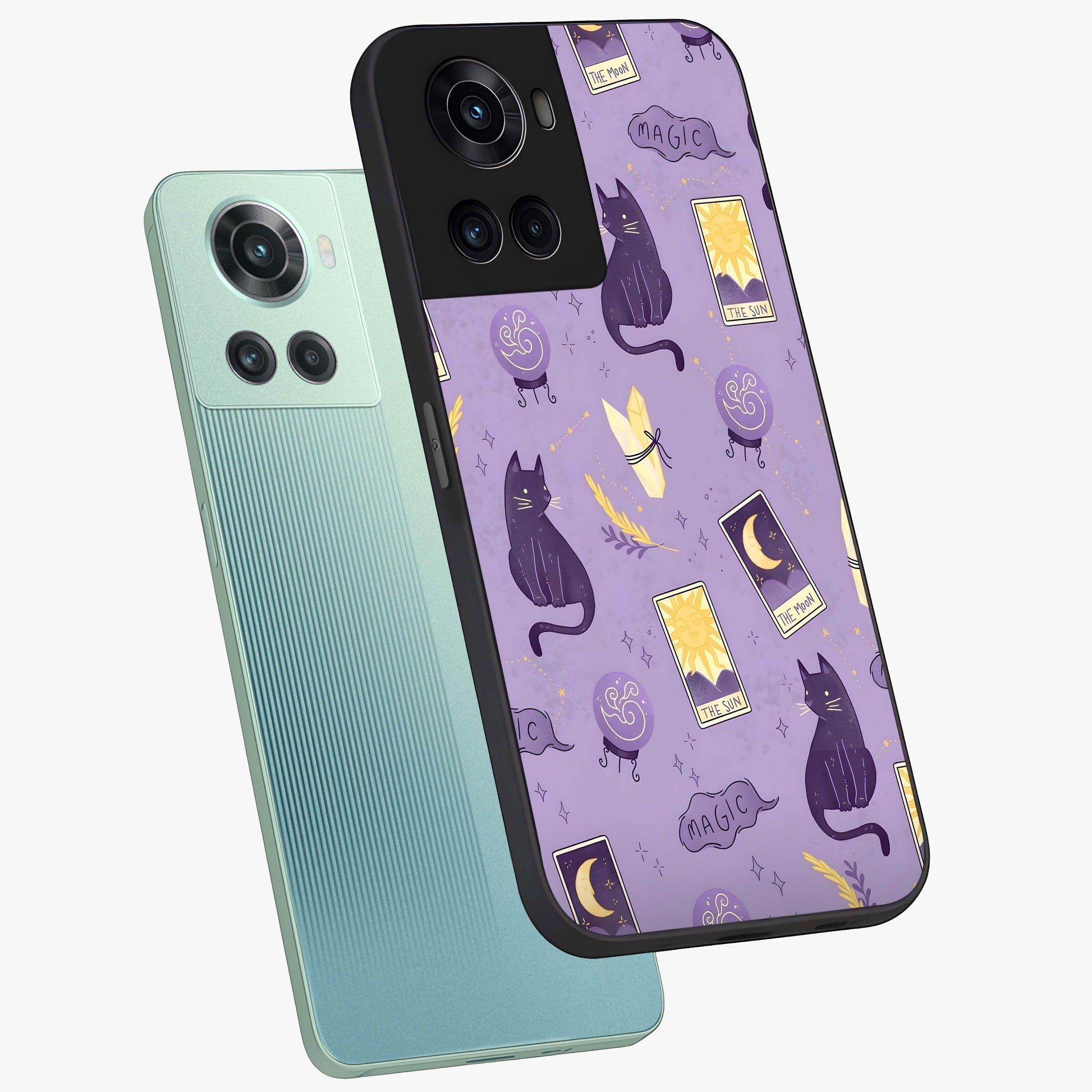 Humble Magic Cats Glass Case for 1+10R captured at a warm angle highlighting playful magical details, gloss, and edge clarity.