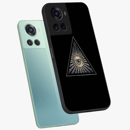 Illuminati Evil Glass Case for 1+10R captured at a warm angle highlighting sharp graphic details, gloss, and edge clarity.