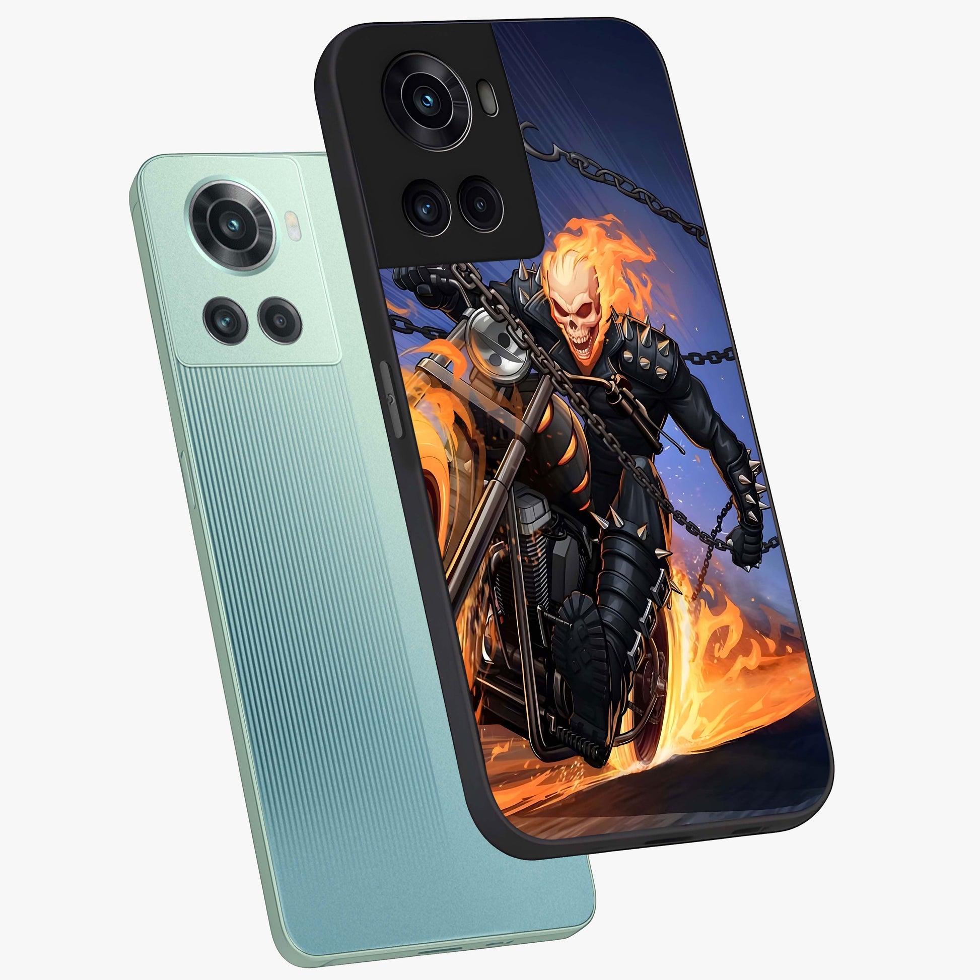 Inferno Chain Rider Glass Case for 1+10R captured at a warm angle highlighting intense flame details, gloss, and edge clarity.