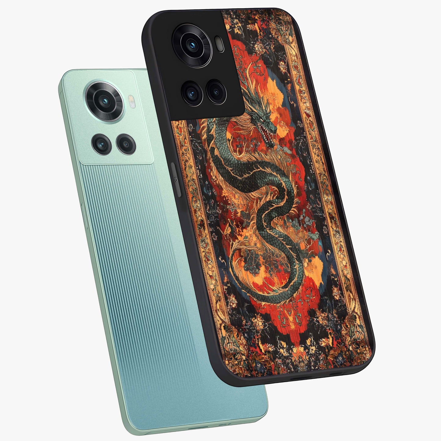 Inferno Dragon Soul Glass Case for 1+10R captured at a warm angle highlighting fierce fire tones, gloss, and edge clarity.