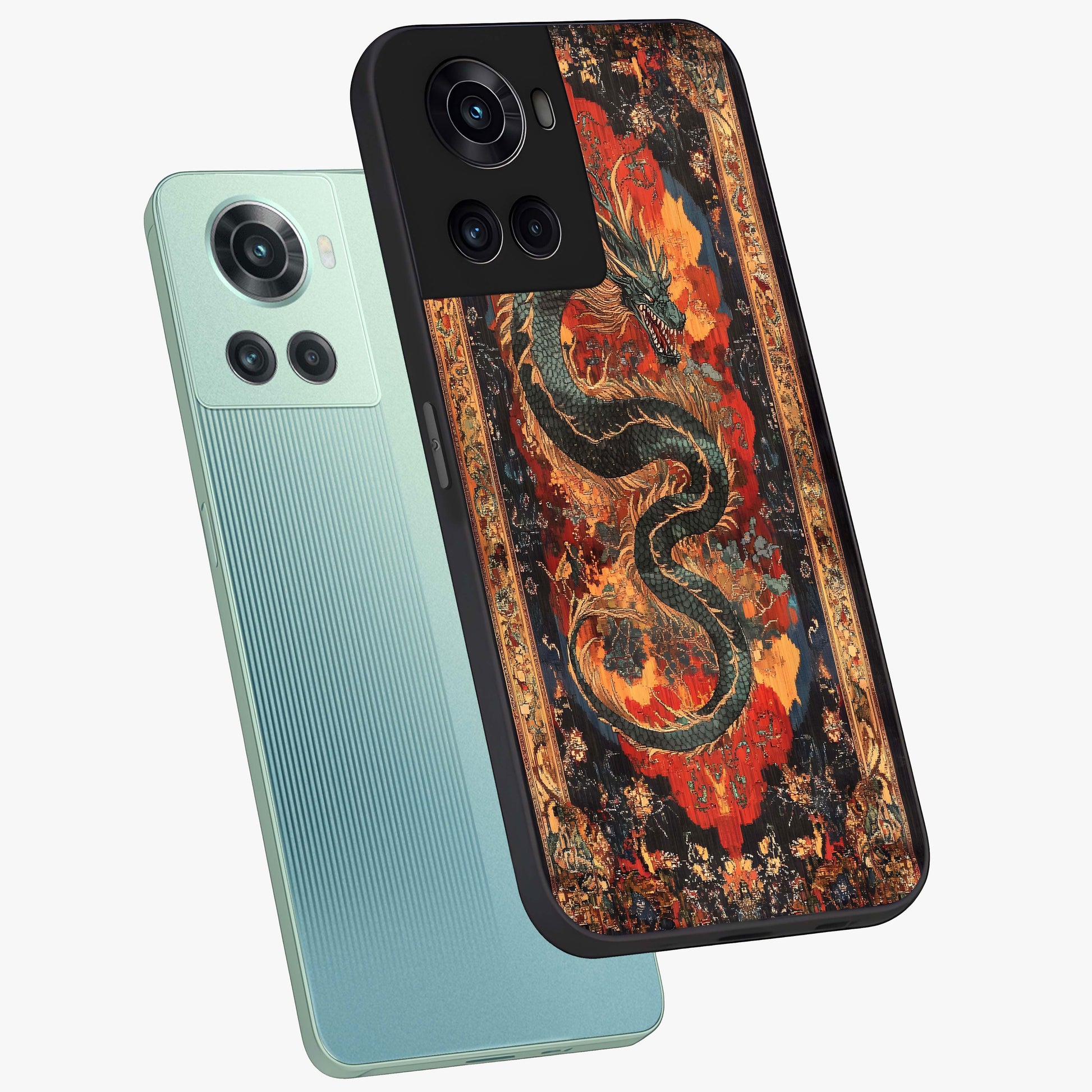 Inferno Dragon Soul Glass Case for 1+10R captured at a warm angle highlighting fierce fire tones, gloss, and edge clarity.
