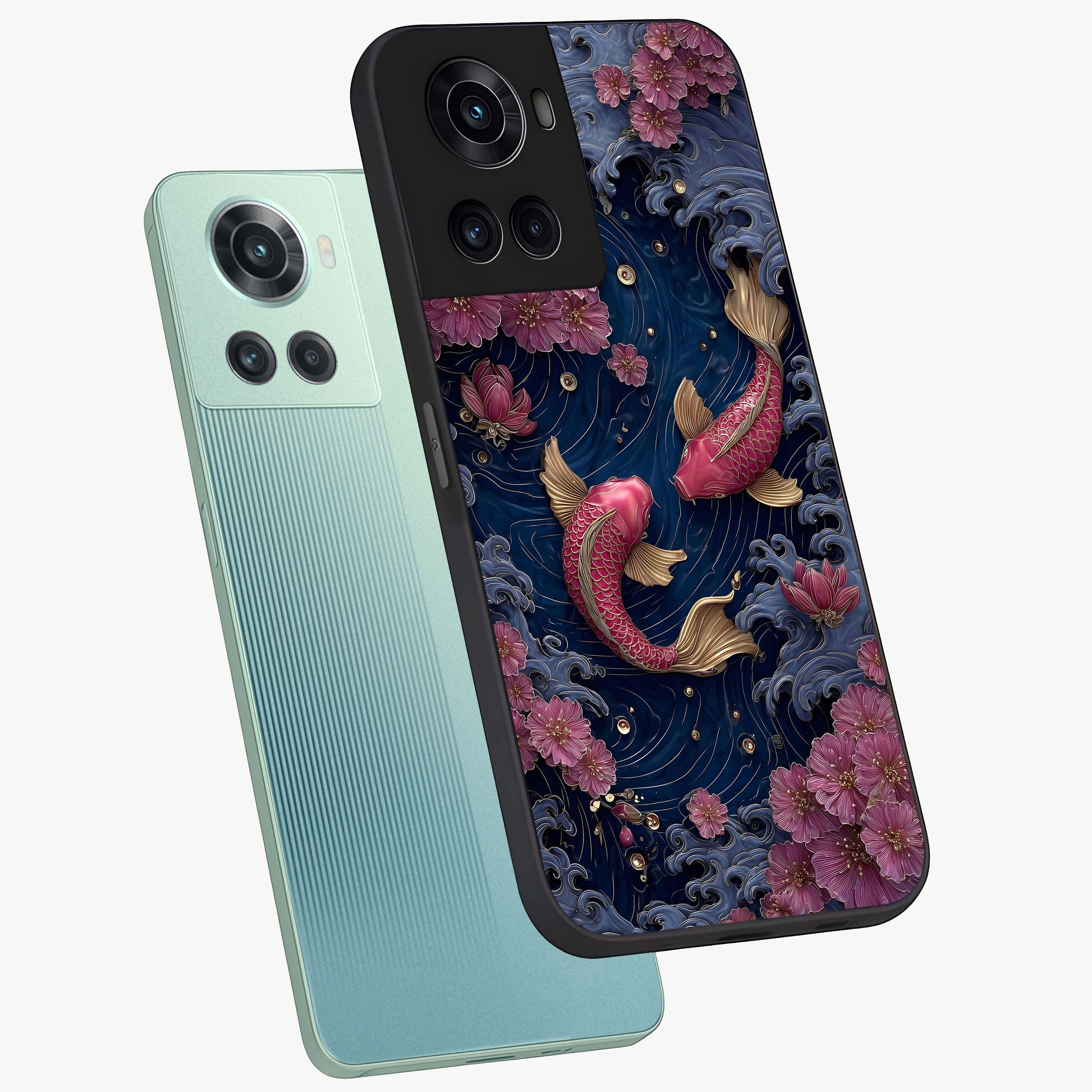 Koi Wave Dance Glass Case for 1+10R angled mockup showcasing glossy finish and vibrant aquatic tones