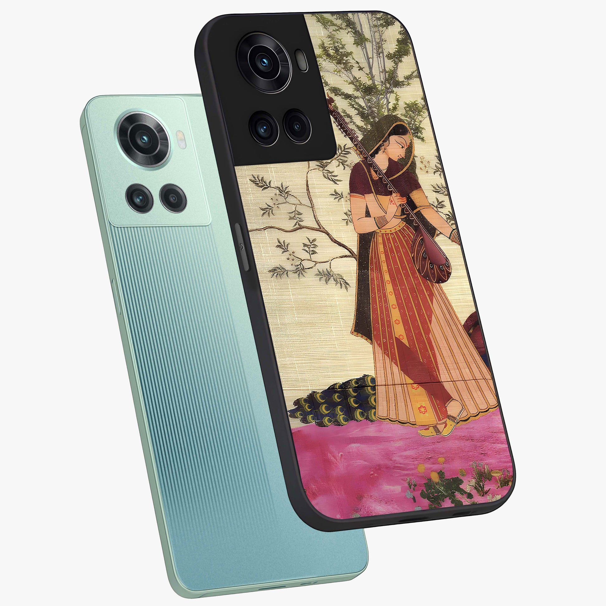 Lady With Veena Art Glass Case for 1+10R angled mockup showcasing glossy finish and refined artistic detailing