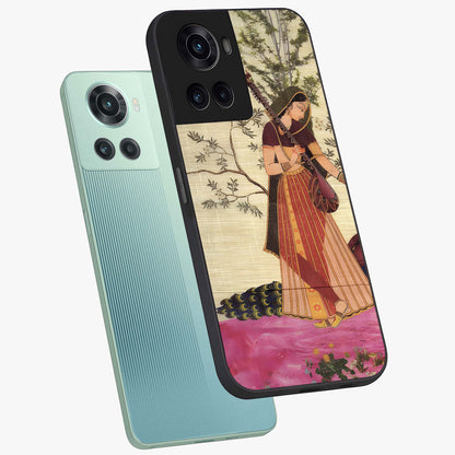 Lady With Veena Art Glass Case for 1+10R angled mockup showcasing glossy finish and refined artistic detailing